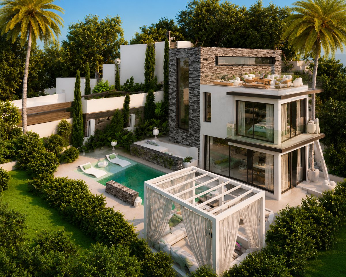 Villa exterior with private garden and pool
