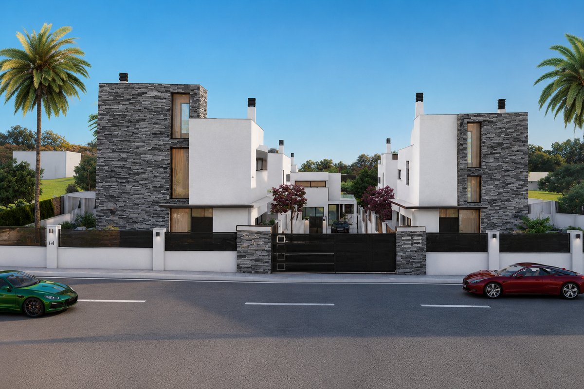 Street view of contemporary villas with stone facades